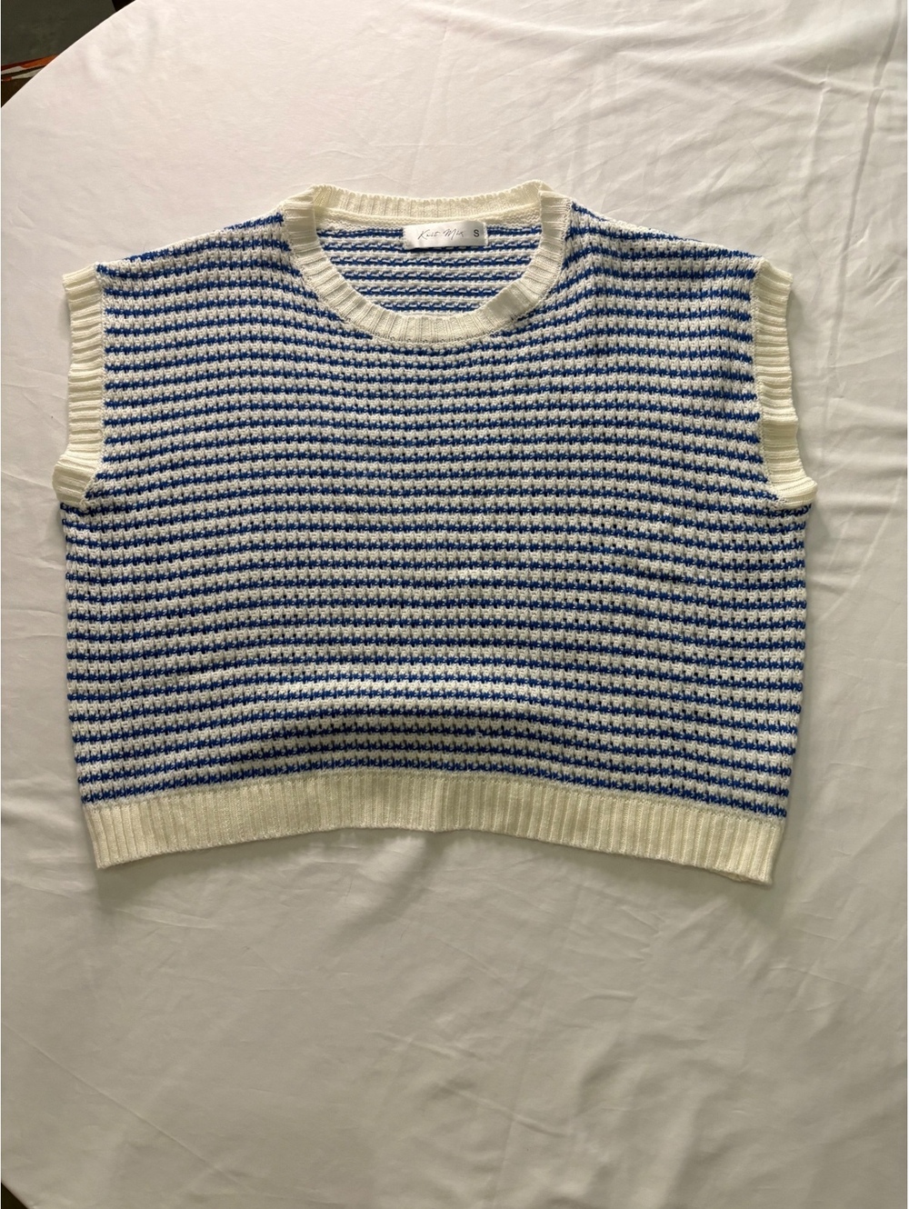 Blue and White Striped Sleeveless Knit Sweater Vest